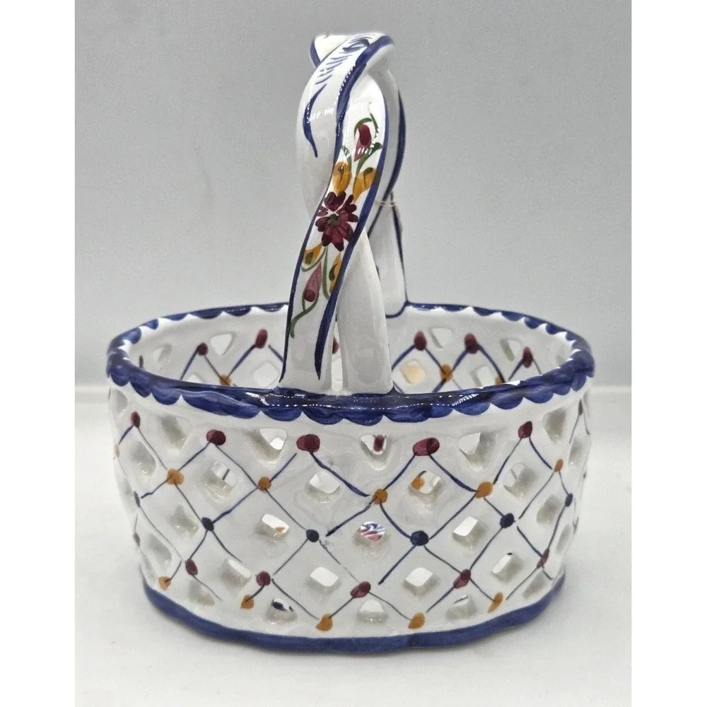 Vintage Portugal Hand Painted Reticulated Ceramic Basket Open Weave Figurine